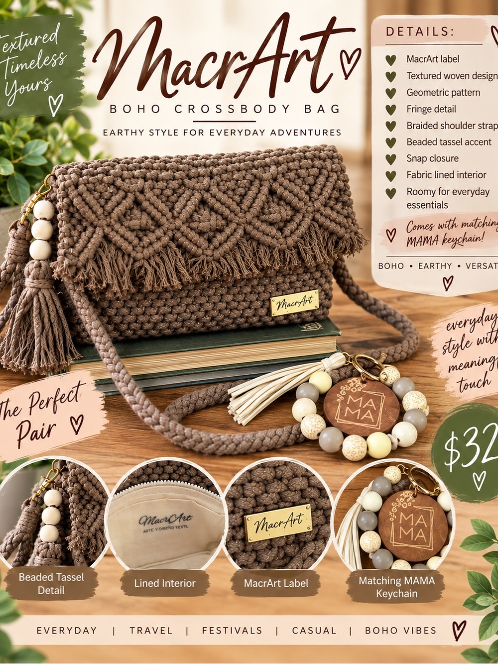 MacrArt Boho Handwoven Crossbody Clutch Wristlet + MAMA Beaded Keychain